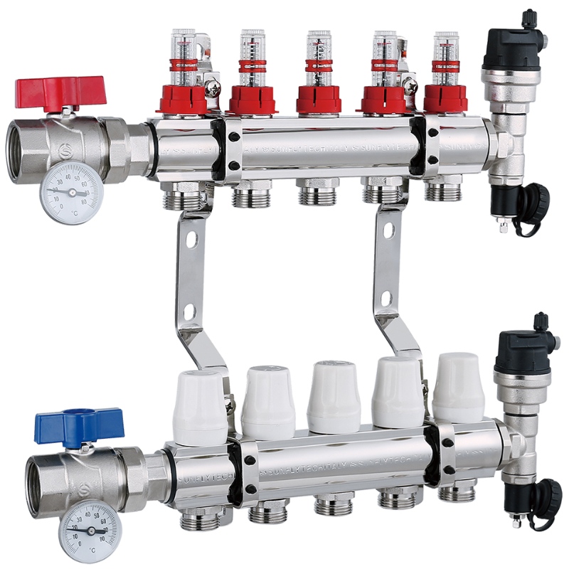 Heating 5 way valve nickel plated brass manifold with flowmeter